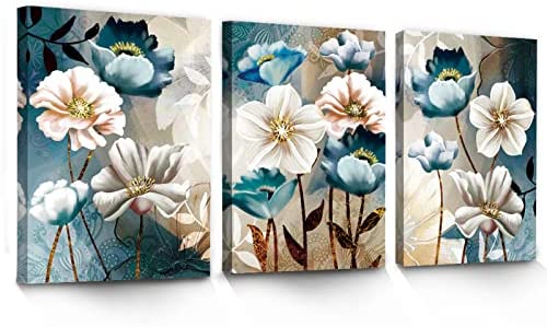 SERIMINO 3 Piece Lotus Flower Canvas Wall Art for Living Room White and Indigo Blue Floral Picture Wall Decor for Dining Room Bedroom Bathroom Kitchen Print Painting for Home Decorations