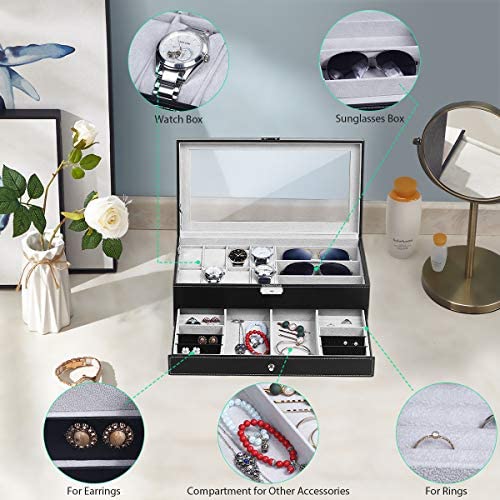 51v22Yi8ADL. AC  - TomCare Upgraded Watch Box Watch Case Jewelry Organizer Holder Jewelry Display Box Case Drawer Sunglasses Storage Earrings Storage Organizer Lockable with Glass Top and PU Leather for Men Women, Black