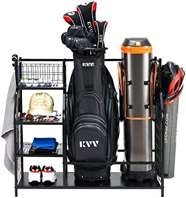 1678391197 41S QPICfCL. AC  - KVV Golf Bag Storage Organizer, Fits 2 Golf Bags and Other Sports Equipment, Golf Accessories, Extra Large Size Rack for Garage Basement(Metal Black)