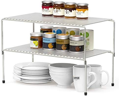 1679258986 41V0TnJlEGL. AC  - WOSOVO Set of 2 Kitchen Cabinet Organizer and Storage Shelves Stackable Expandable Storage Racks with Anti-slip Liners for Cabinet Pantry, Silver