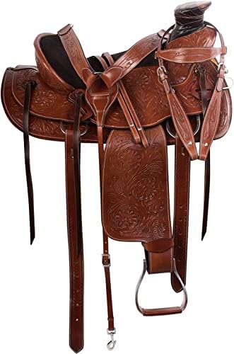 Equitack Wade Saddle Premium Western Leather Roping Ranch Work Horse Saddle Tack, Headstall, Breastplate & Reins Size 14” to 18”