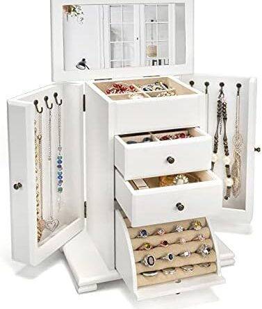 1679692046 410L5YPOvmL. AC  377x445 - Emfogo Jewelry Box for Women, Rustic Wooden Jewelry Boxes & Organizers with Mirror, 4 Layer Jewelry Organizer Box Display for Rings Earrings Necklaces Bracelets (Weathered White)