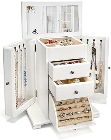 410L5YPOvmL. AC  - Emfogo Jewelry Box for Women, Rustic Wooden Jewelry Boxes & Organizers with Mirror, 4 Layer Jewelry Organizer Box Display for Rings Earrings Necklaces Bracelets (Weathered White)