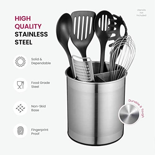 41AIXQF dGL. AC  - Extra-Large Stainless Steel Kitchen Utensil Holder - 360° Rotating Utensil Caddy - Weighted Base for Stability - Utensil Crock With Removable Divider for Easy Cleaning - Countertop Utensil Organizer.