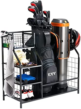 41Xna24hnCL. AC  - KVV Golf Bag Storage Organizer, Fits 2 Golf Bags and Other Sports Equipment, Golf Accessories, Extra Large Size Rack for Garage Basement(Metal Black)