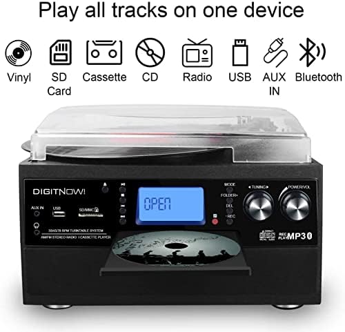 41dVv0zztCL. AC  - DIGITNOW Bluetooth Record Player Turntable with Stereo Speaker, LP Vinyl to MP3 Converter with CD, Cassette, Radio, Aux in and USB/SD Encoding, Remote Control, Audio Music Player Built in Amplifier