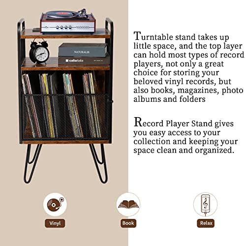 517zHfOafVL. AC  - Hadulcet 3-Tier Record Player Stand, Turntable Stand with USB Ports and Outlets, Vinyl Records Holder and Display Table with Dividers, Industrial Storage End Table, Rustic Brown