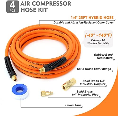 51AOArF2iyL. AC  - FYPower Air Compressor Hose 1/4 Inch x 25 Feet Hybrid Hose with Fittings, Flexible and Kink Resistant, 1/4" Industrial Quick Coupler and Plug Kit