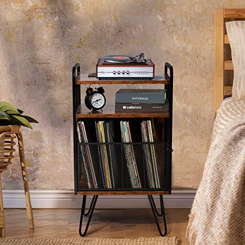51VE1hWbhNL. AC  - Hadulcet 3-Tier Record Player Stand, Turntable Stand with USB Ports and Outlets, Vinyl Records Holder and Display Table with Dividers, Industrial Storage End Table, Rustic Brown