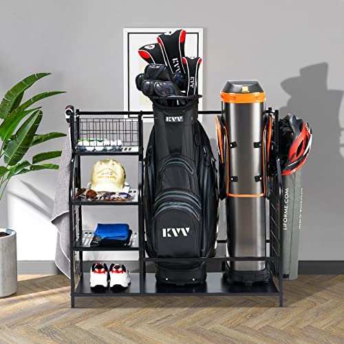 51YGCBbPx8L. AC  - KVV Golf Bag Storage Organizer, Fits 2 Golf Bags and Other Sports Equipment, Golf Accessories, Extra Large Size Rack for Garage Basement(Metal Black)