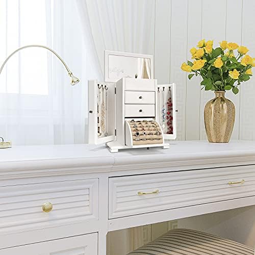 51amXo je4L. AC  - Emfogo Jewelry Box for Women, Rustic Wooden Jewelry Boxes & Organizers with Mirror, 4 Layer Jewelry Organizer Box Display for Rings Earrings Necklaces Bracelets (Weathered White)