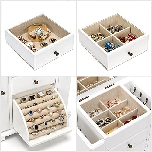 51b227OxXLL. AC  - Emfogo Jewelry Box for Women, Rustic Wooden Jewelry Boxes & Organizers with Mirror, 4 Layer Jewelry Organizer Box Display for Rings Earrings Necklaces Bracelets (Weathered White)