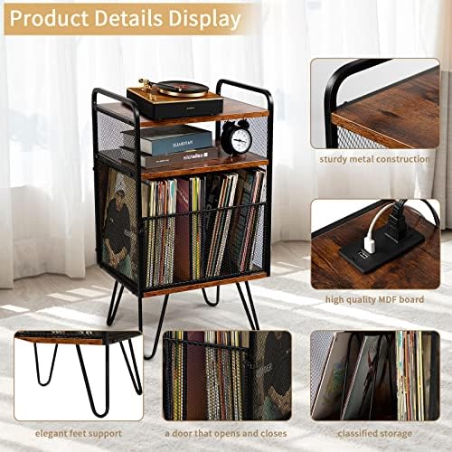 51crzsAPmiL. AC  - Hadulcet 3-Tier Record Player Stand, Turntable Stand with USB Ports and Outlets, Vinyl Records Holder and Display Table with Dividers, Industrial Storage End Table, Rustic Brown