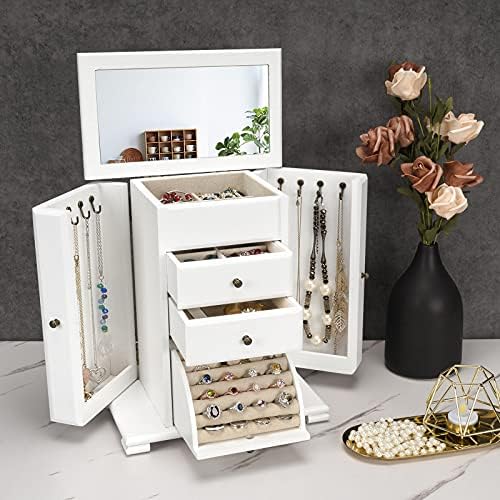 51h7UZVnRfL. AC  - Emfogo Jewelry Box for Women, Rustic Wooden Jewelry Boxes & Organizers with Mirror, 4 Layer Jewelry Organizer Box Display for Rings Earrings Necklaces Bracelets (Weathered White)
