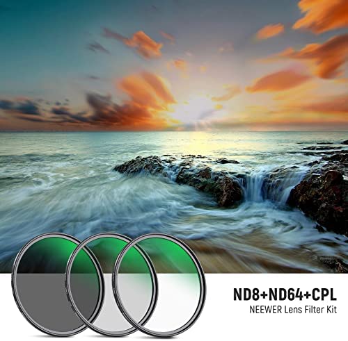 51lLjijVwpL. AC  - NEEWER 72mm Lens Filter Kit ND8 ND64 CPL Filter Set, Neutral Density+Circular Polarizer Filter Kit with 30 Layers Nano Coating/HD Optical Glass/Water Repellent/Scratch Resistant/Ultra Slim/Filter Bag