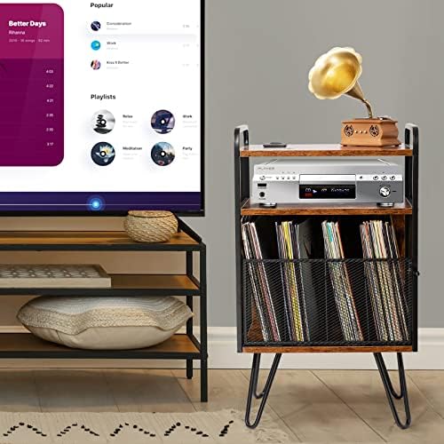 51uTTStvLxL. AC  - Hadulcet 3-Tier Record Player Stand, Turntable Stand with USB Ports and Outlets, Vinyl Records Holder and Display Table with Dividers, Industrial Storage End Table, Rustic Brown