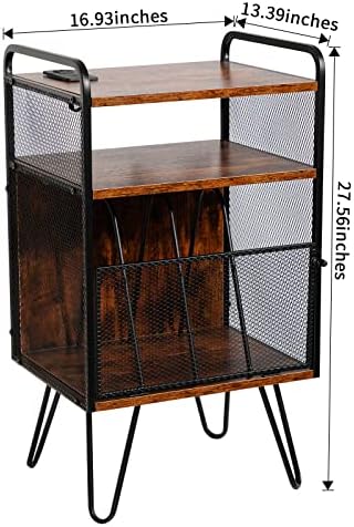 51v7i65P0OL. AC  - Hadulcet 3-Tier Record Player Stand, Turntable Stand with USB Ports and Outlets, Vinyl Records Holder and Display Table with Dividers, Industrial Storage End Table, Rustic Brown