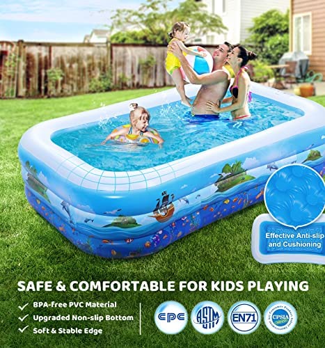 613HmjzA+qL. AC  - Inflatable Swimming Pool Kiddie Pool: 95" x 55" x 22" Large Size Blow Up Swimming Pool for Family Adult Kid Toddler Giant Rectangle Lounge Big Deep Blowup Pool for Outside Backyard Outdoor Ground