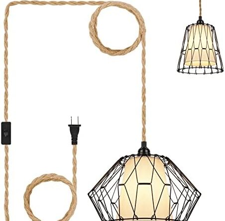 1680688728 41UTiKzsQDL. AC  452x445 - SEABLE Hanging Lights with Plug in Cord, Industrial Pendant Light Fixtures with 15ft Twisted Hemp Rope, DIY Linen and Metal Cage Lampshade, Farmhouse Rope Lamp for Kitchen Island Bedroom Living Room