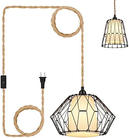 SEABLE Hanging Lights with Plug in Cord, Industrial Pendant Light Fixtures with 15ft Twisted Hemp Rope, DIY Linen and Metal Cage Lampshade, Farmhouse Rope Lamp for Kitchen Island Bedroom Living Room