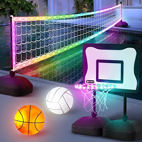 LFSMVT 2-in-1 LED Pool Volleyball & Basketball Game Set, Light Up Pool Sport Combo Set with LED Pool Balls, APP & Remote Control, Music Sync for Inground Pool (2-in-1 Pool Sport Set)