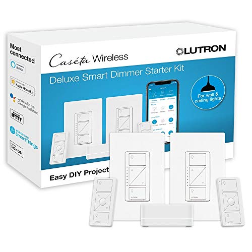 Lutron Caséta Deluxe Smart Dimmer Switch (2 Count) Kit with Caséta Smart Hub | Works with Alexa, Apple HomeKit, Ring, Google Assistant | P-BDG-PKG2W-A | White