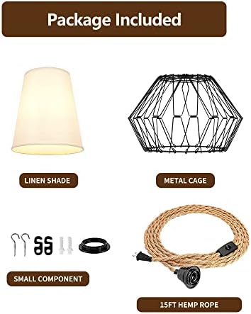 41HgmAuTLxL. AC  - SEABLE Hanging Lights with Plug in Cord, Industrial Pendant Light Fixtures with 15ft Twisted Hemp Rope, DIY Linen and Metal Cage Lampshade, Farmhouse Rope Lamp for Kitchen Island Bedroom Living Room