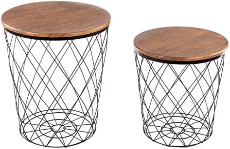 41QroikwuYL. AC  - Lavish Home End Storage – Nesting Wire Basket Base and Wood Tops – Industrial Farmhouse Style Side Table Set of 2, Brown, 17.75D x 17.75W x 21H in