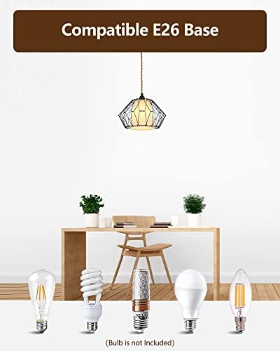41f6T3PRjjL. AC  - SEABLE Hanging Lights with Plug in Cord, Industrial Pendant Light Fixtures with 15ft Twisted Hemp Rope, DIY Linen and Metal Cage Lampshade, Farmhouse Rope Lamp for Kitchen Island Bedroom Living Room