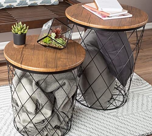 511BlzX0RL. AC  500x445 - Lavish Home End Storage – Nesting Wire Basket Base and Wood Tops – Industrial Farmhouse Style Side Table Set of 2, Brown, 17.75D x 17.75W x 21H in