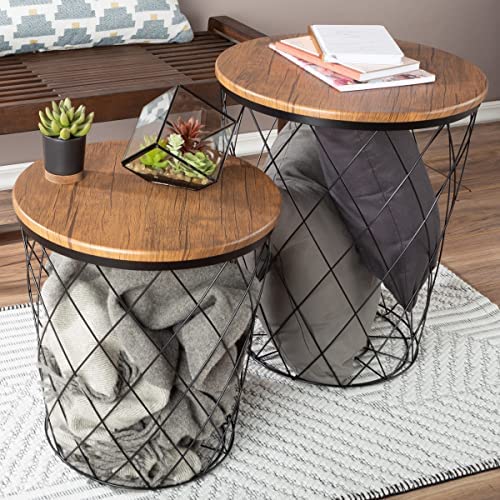 Lavish Home End Storage – Nesting Wire Basket Base and Wood Tops – Industrial Farmhouse Style Side Table Set of 2, Brown, 17.75D x 17.75W x 21H in