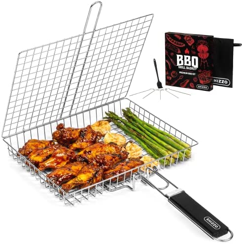 51M+nqI1wYL. AC  - SHIZZO Grill Basket Value Set, Barbecue BBQ Grilling Basket , Stainless Steel Large Folding Grilling baskets With Handle, Portable Outdoor Camping BBQ Rack for Fish, Shrimp, Vegetables, Barbeque Griller Cooking Accessories, Gift, Gifts for father, dad, husband