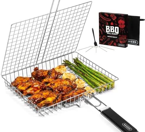 51MnqI1wYL. AC  491x445 - SHIZZO Grill Basket Value Set, Barbecue BBQ Grilling Basket , Stainless Steel Large Folding Grilling baskets With Handle, Portable Outdoor Camping BBQ Rack for Fish, Shrimp, Vegetables, Barbeque Griller Cooking Accessories, Gift, Gifts for father, dad, husband