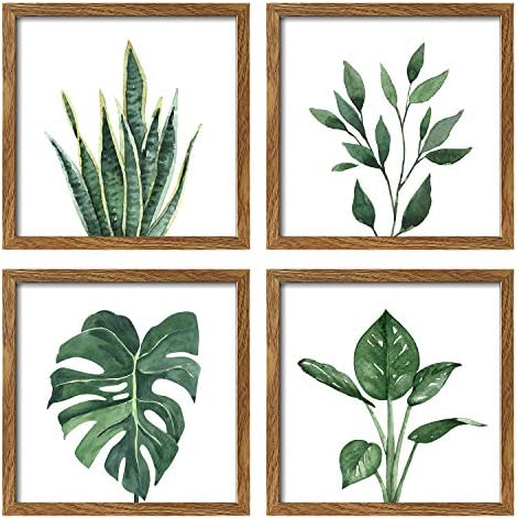 51P9FOJN0XL. AC  - ArtbyHannah 10x10 Inch 4 Panels Botanical Framed Walnut Picture Frame Collage Set for Wall Art Décor with Watercolor Green Leaf Tropical Plant Square Frame for Gallery Wall Kit or Home Decoration