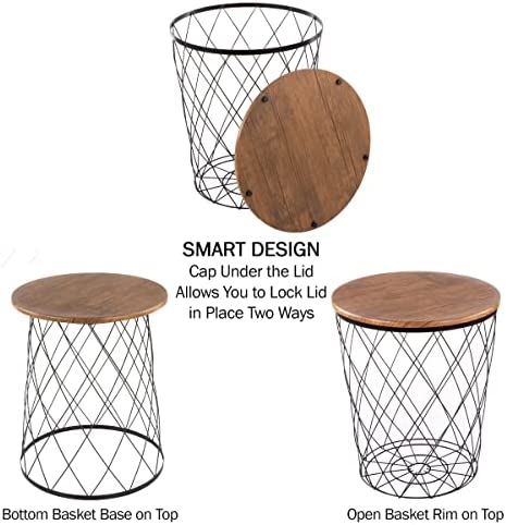 51RN4O6YMiL. AC  - Lavish Home End Storage – Nesting Wire Basket Base and Wood Tops – Industrial Farmhouse Style Side Table Set of 2, Brown, 17.75D x 17.75W x 21H in