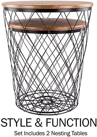 51fWfWbznkL. AC  - Lavish Home End Storage – Nesting Wire Basket Base and Wood Tops – Industrial Farmhouse Style Side Table Set of 2, Brown, 17.75D x 17.75W x 21H in