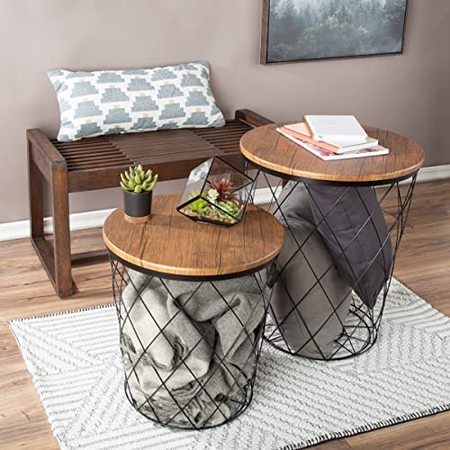 51ssqyrAA+L. AC  - Lavish Home End Storage – Nesting Wire Basket Base and Wood Tops – Industrial Farmhouse Style Side Table Set of 2, Brown, 17.75D x 17.75W x 21H in