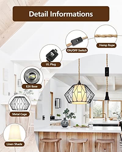 51tX6BHShjL. AC  - SEABLE Hanging Lights with Plug in Cord, Industrial Pendant Light Fixtures with 15ft Twisted Hemp Rope, DIY Linen and Metal Cage Lampshade, Farmhouse Rope Lamp for Kitchen Island Bedroom Living Room