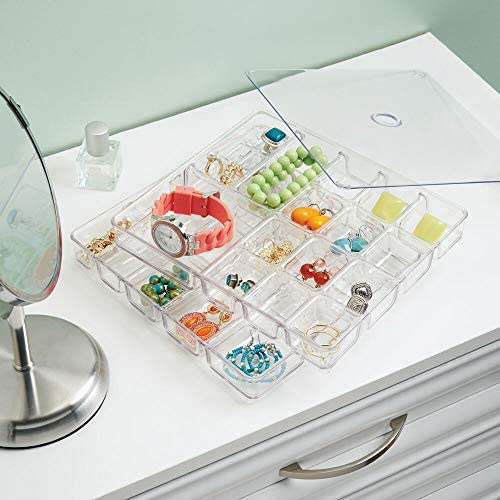 51xbKTyq+vL. AC  - mDesign Stackable Plastic Storage Jewelry Box - 2 Organizer Trays with Lid for Drawer, Dresser, Vanity - Holds Necklaces, Bracelets, Bangles, Rings, Earrings - 3 Pieces - Clear
