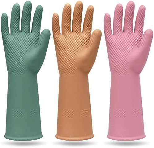 MAMISON 3 Pairs Colorful Reusable Waterproof Household Dishwashing Cleaning Rubber Gloves, Non-Slip Kitchen Glove(Medium)