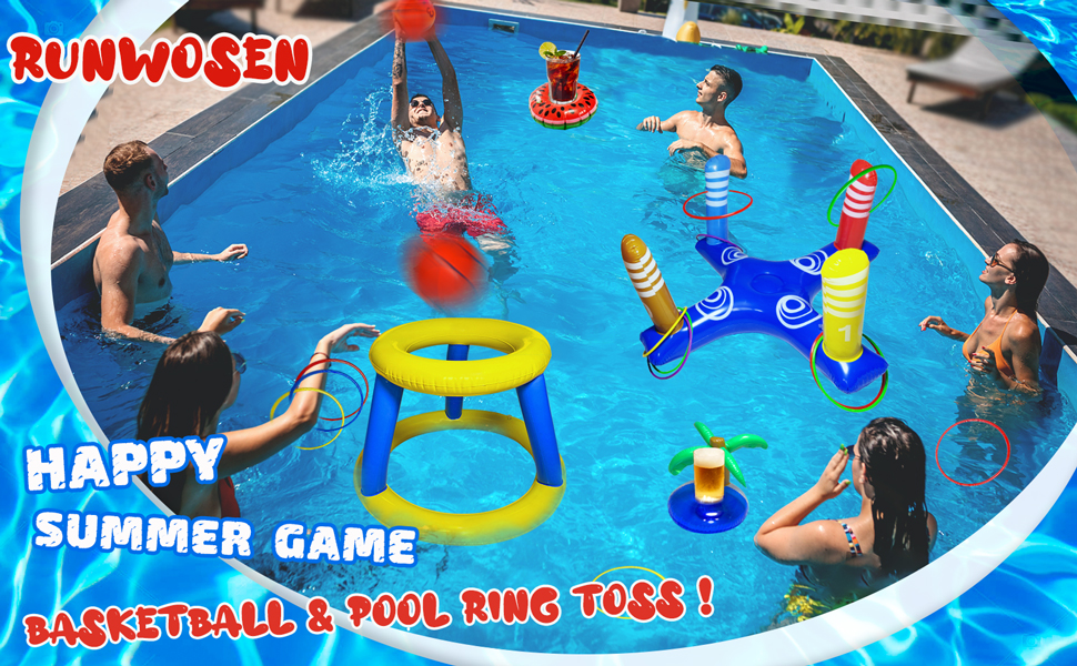 0ada9cd3 51e5 473e ad20 bcb5d59de942.  CR0,0,970,600 PT0 SX970 V1    - Runwosen 20 PCS Pool Floats Toys Games for Kids Adults and Family, Floating Basketball Hoop&Inflatable Pool Ring Toss Game Toys, Summer Party Swimming Pool Water Games