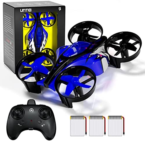 UNTEI 2 In 1 Mini Drone for Kids Remote Control Drone with Land Mode or Fly Mode, LED Lights,Auto Hovering, 3D Flip,Headless Mode and 3 Batteries,Toys Gifts for Boys Girls (Blue)