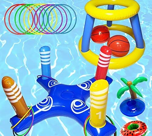 1684329370 51StPcVXWGL. AC  500x445 - Runwosen 20 PCS Pool Floats Toys Games for Kids Adults and Family, Floating Basketball Hoop&Inflatable Pool Ring Toss Game Toys, Summer Party Swimming Pool Water Games