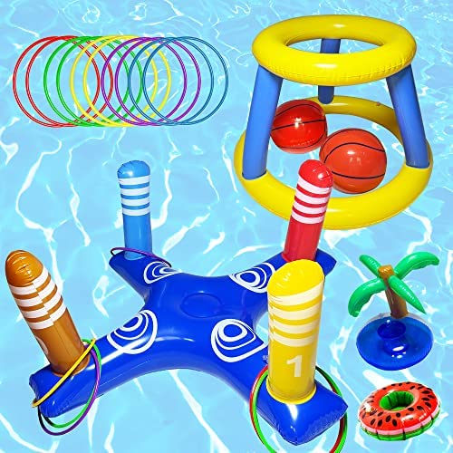 Runwosen 20 PCS Pool Floats Toys Games for Kids Adults and Family, Floating Basketball Hoop&Inflatable Pool Ring Toss Game Toys, Summer Party Swimming Pool Water Games