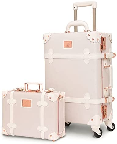 urecity vintage suitcase set for women, vintage luggage sets for women 2 piece, cute designer trunk luggage, retro suit case (Rose White, 26″+12″)