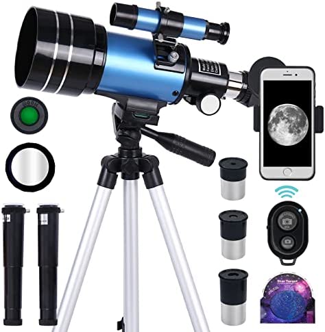 Telescope for Adults & Kids, 70mm Aperture Professional Astronomy Refractor Telescope for Beginners, 300mm Portable Refractor Telescope with AZ Mount, Phone Adapter & Wireless Remote (Blue)