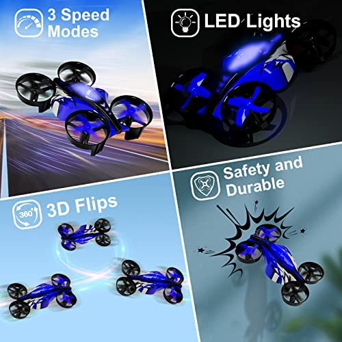 515VVEDK5lL. AC  - UNTEI 2 In 1 Mini Drone for Kids Remote Control Drone with Land Mode or Fly Mode, LED Lights,Auto Hovering, 3D Flip,Headless Mode and 3 Batteries,Toys Gifts for Boys Girls (Blue)