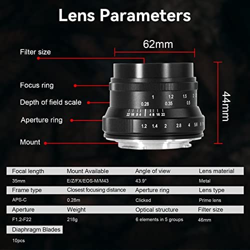 51601xpPU8L. AC  - 7artisans 35mm f1.2 Mark II APS-C Larger Aperture Prime Lens Compatiable for Canon Eos-M1 Eos-M2 Eos-M3 M5 M6 M10 M50 (New Version)