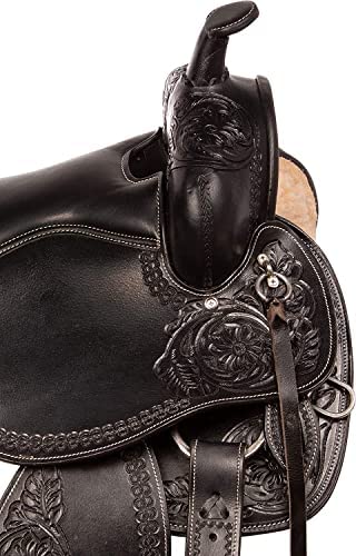516WIeZhGLL. AC  - Endurance Saddle Horse TACK Western Leather Tooled Comfy Pleasure Trail Riding Saddle with Matching Headstall Reins and Breast Collar (Leather, 11.5 inches seat)