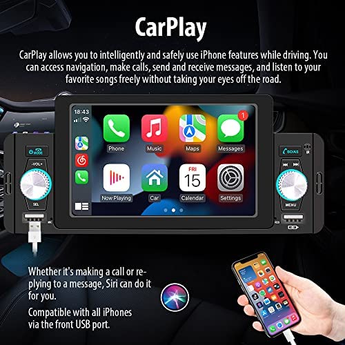 517cNZ8C9WL. AC  - 5 Inch Single Din Car Stereo Built-in Apple CarPlay/Android Auto/Mirror-Link, Touchscreen Radio Receiver with Bluetooth 5.1 Handsfree and 12LED HD Backup Camera, FM USB Audio Video Player